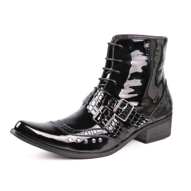 Men Pointed Rivets Punk Patent Leather Cowboy Ankle Boots