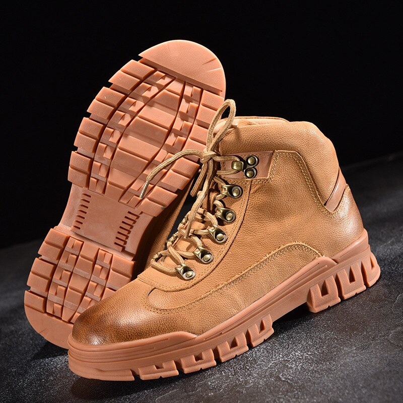 Mens Lace Up Vintage Natural Leather Safety Ankle Boots