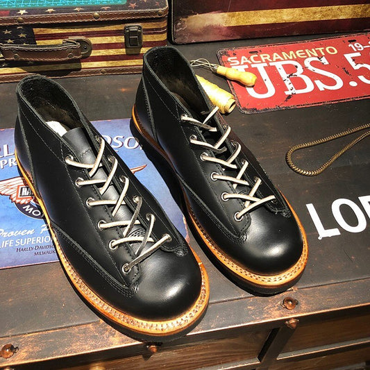 Classic Retro Biker Work Shoes Men Handmade Lace Up Platform Safety Boots