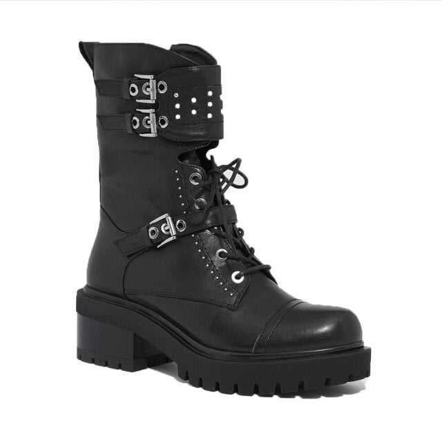 Thick Bottom Round Toe Black Motorcycle Boots Waterproof For women