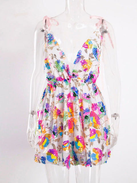 Flowers Sequin Short Tulle Cocktail Dress Pink Slip Deep V Neck Backless