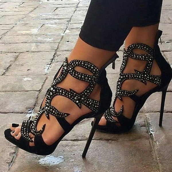 Gold Black Crystal Gladiator Sandals Women Thin Heels