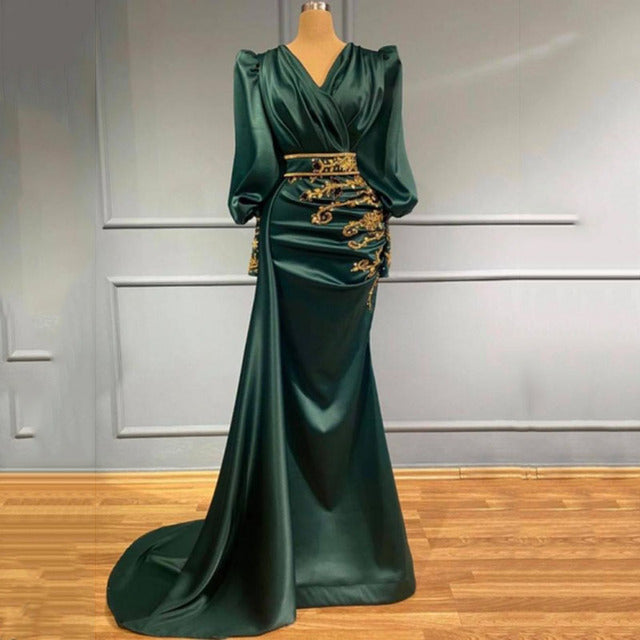 Formal Prom Party Gowns With Gold Lace Long Sleeves