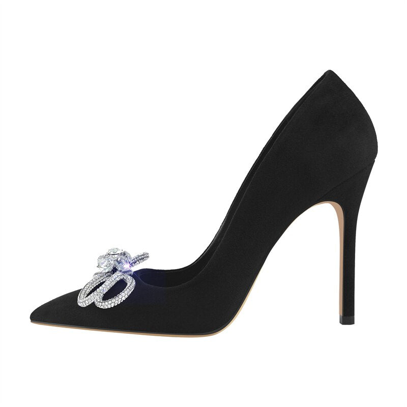 Women Elegant Pumps Black Flock Pointed Toe Shiny Crystal