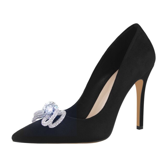 Women Elegant Pumps Black Flock Pointed Toe Shiny Crystal