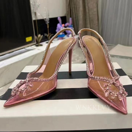 High quality Pointed Toe transparent PVC Pumps Women Crystal Sandal