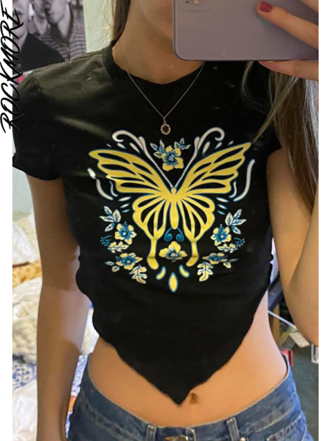 Rockmore Butterfly Print T-shirt Woman Y2K Aesthetic Crop Top Summer Casual Basic Short Sleeve Tee Shirts Casual Retro Fairycore