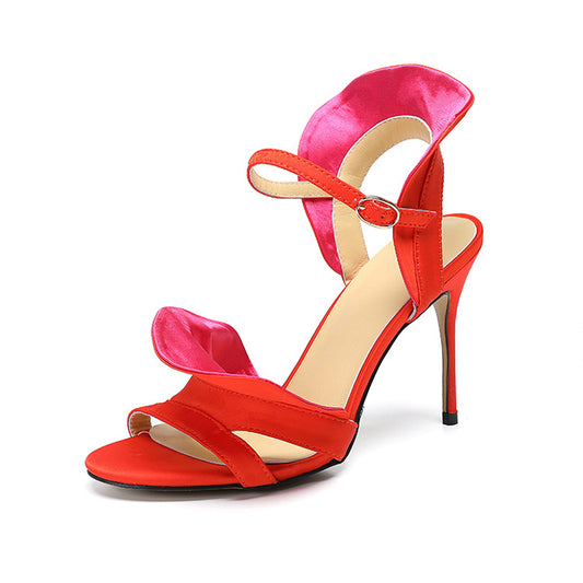 Luxury Women Red Ruffles Slingback Sandals Open Toe High Heels