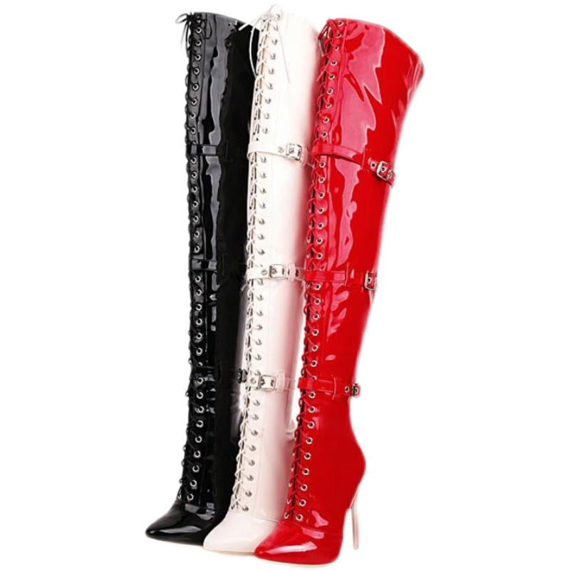 Women Patent Leather Thigh High Zipper Pointed Toe Boots