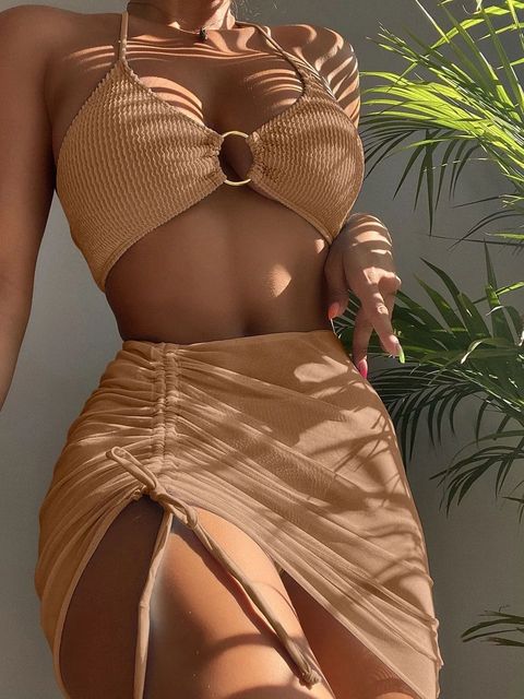 Textured Ring Linked Halter Bikini Micro Ribbed 3 Pieces