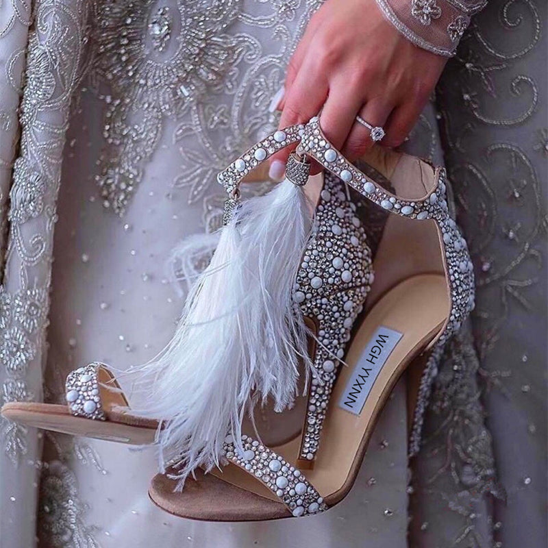 Ladies Pointed Toe Rhinestone Feather Wedding Shoes