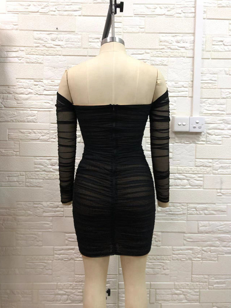 Sexy Off Shoulder Key Hole Mesh Ruched Black Mini Bodycon Dress