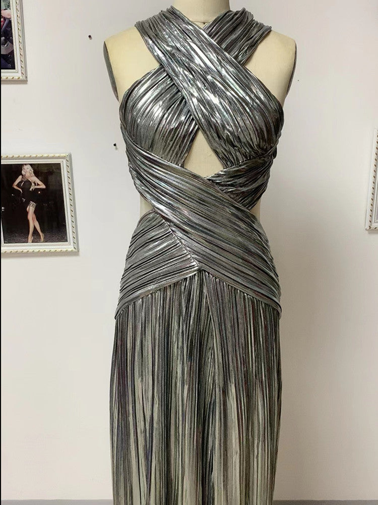 Silver Color Women Sleeveless Haler Floor-Length Dress