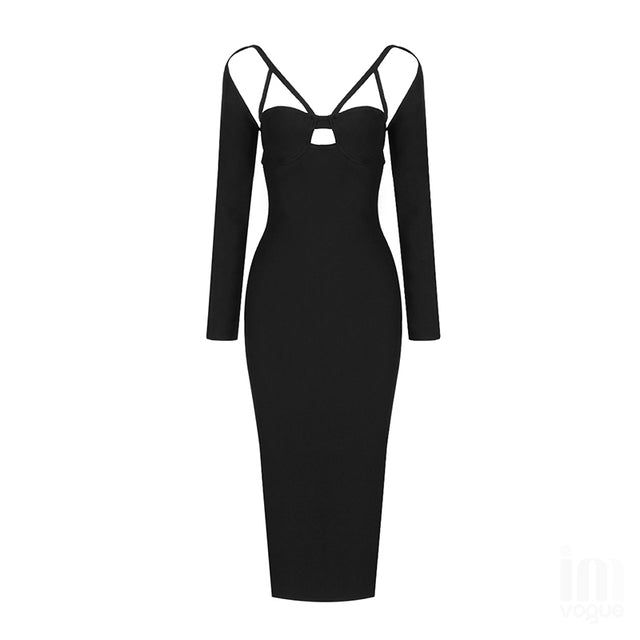 Black Long Sleeve V-neck Bodycon Rayon Bandage Dress