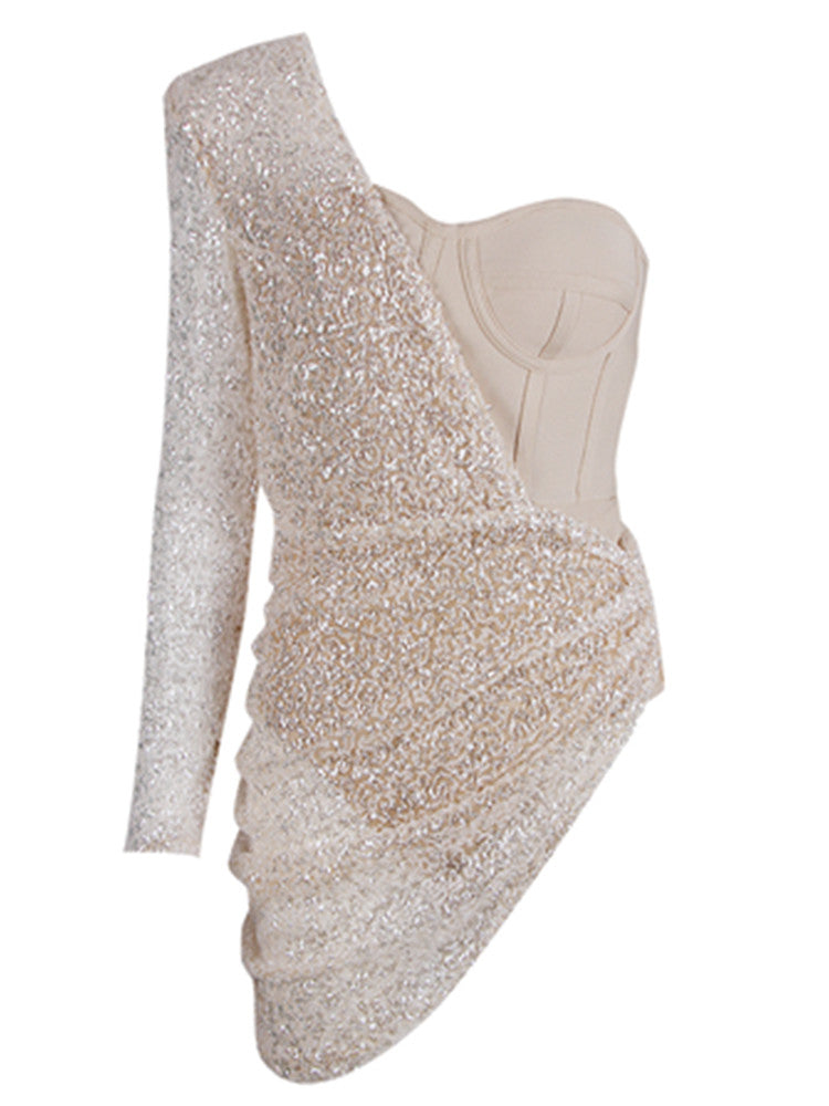 Sexy One Shoulder Mesh Sequins Glitter Beige Mini Dress