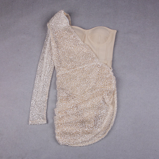 Sexy One Shoulder Mesh Sequins Glitter Beige Mini Dress