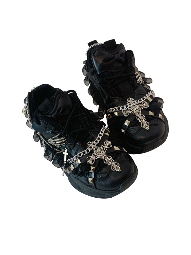 Dark Black Round Toe Lace Metal Chain Cross Old Shoes