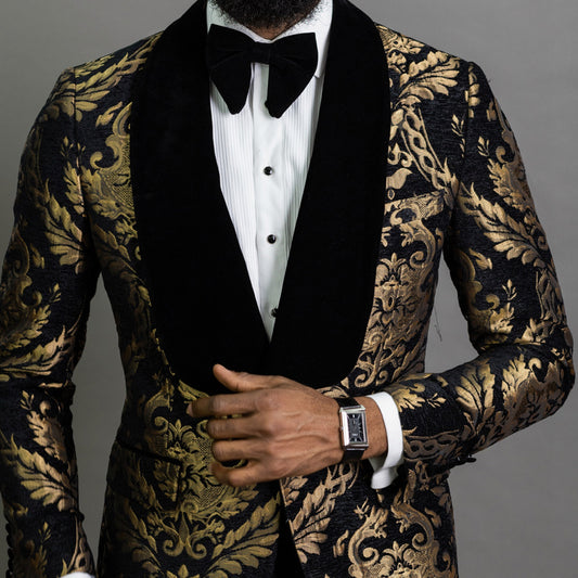 Black Floral Jacquard Prom Men Suits With Velvet Shawl Lapel