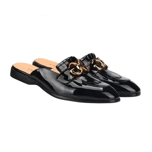 Double G Black Patent leather Loafers Men&#39;s Mules Slippers Backless Slip-On Flats sandals Handmade Party Casual Shoes