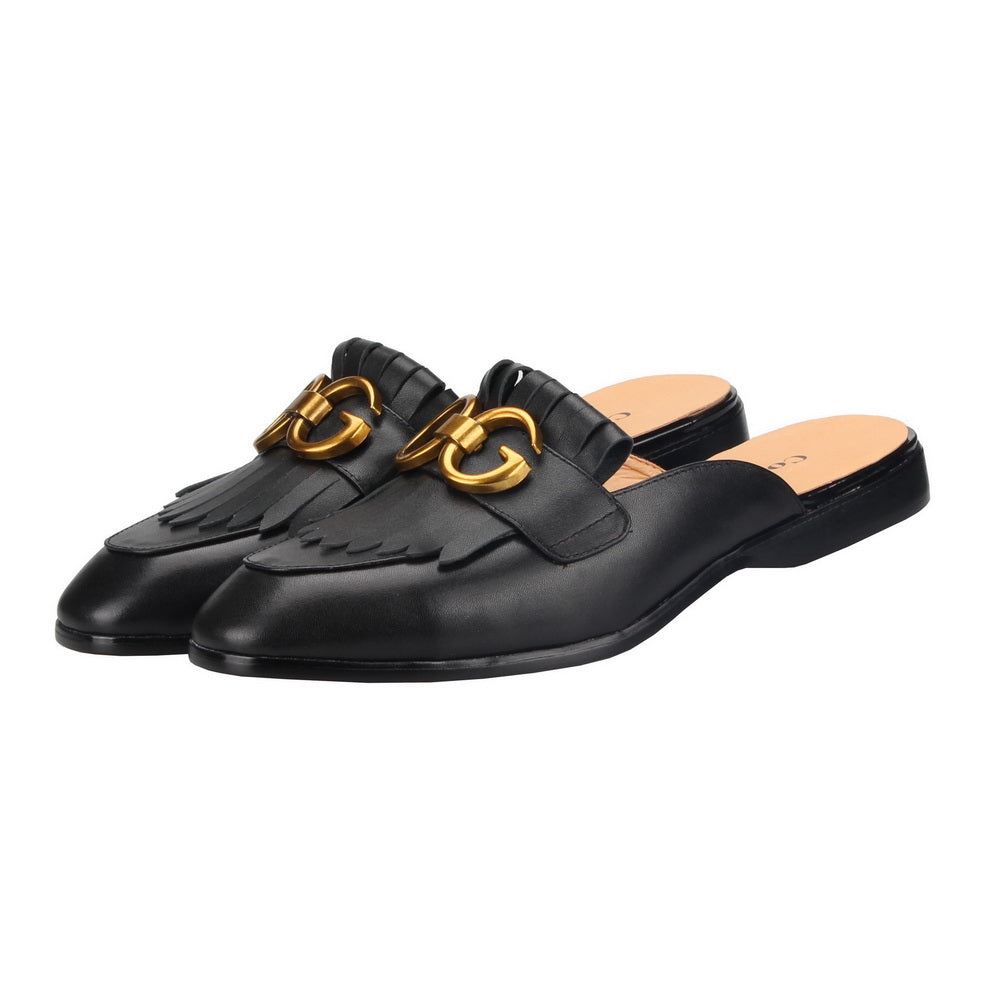 Double G Black Patent leather Loafers Men&#39;s Mules Slippers Backless Slip-On Flats sandals Handmade Party Casual Shoes