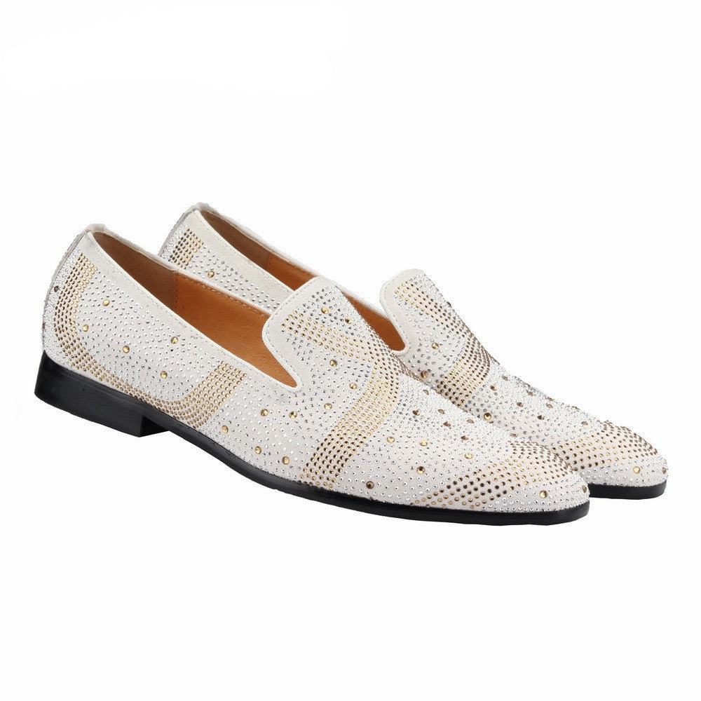 White Suede Leather Formal Rhinestones Flats Mens Shoes