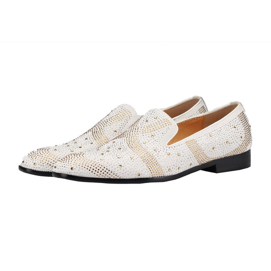 White Suede Leather Formal Rhinestones Flats Mens Shoes