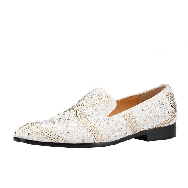 White Suede Leather Formal Rhinestones Flats Mens Shoes