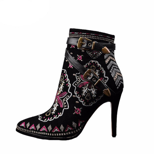 Super Fashion Women Ankle Boots Popular Embroidery Thin Heels Black Shoes Woman US Size 4-10 - LiveTrendsX