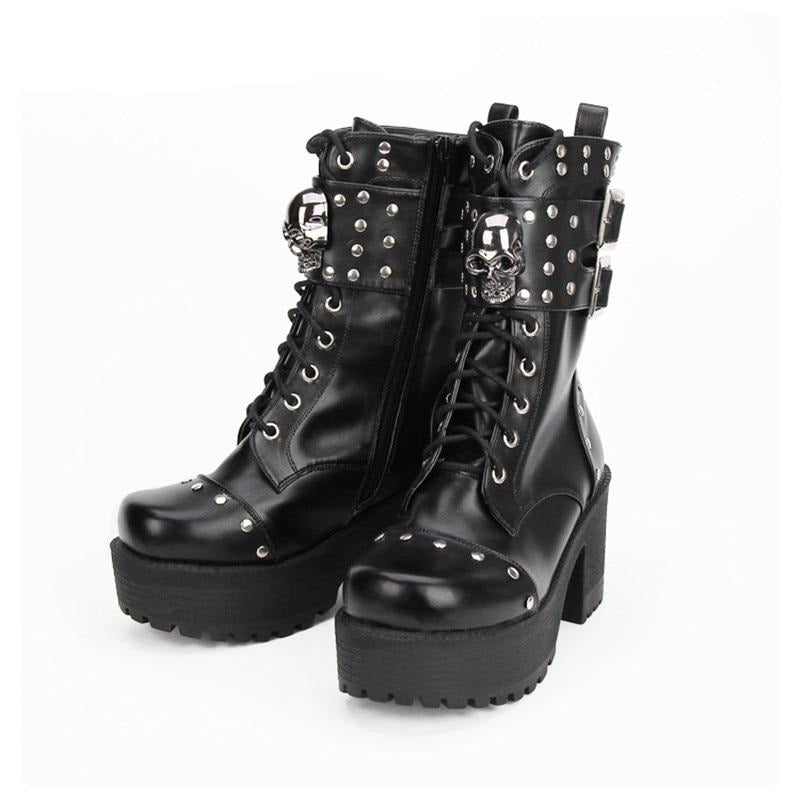 Fashion Rivet Skull Gothic Punk Rock Lace-up Boots Block Heel Thick Platform Punk Lolita Cosplay Boots - LiveTrendsX