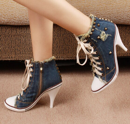 Korean Style Women Summer denim High Heels Lace Up High Top Rivets Side Zipper Fashion Casual Denim Shoes large size 42 - LiveTrendsX