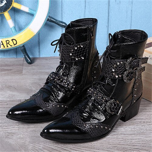 New Punk Style Genuine Leather Men Ankle Boots Iron Pointed Toe Lace Up Mens Military Cowboy Boots High Top Buckles Botas Hombre - LiveTrendsX