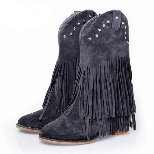 Full Fringed Women Mid-calf Boots Suede Tassels Chunky High Heel Boot Slip On Rivets Studded Rubber Riding Boots - LiveTrendsX