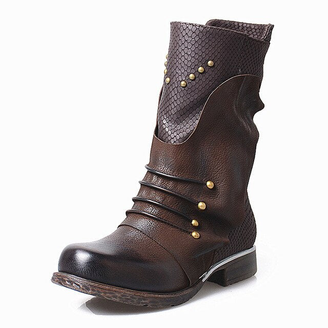 Fashion Rivet Genuine Leather Women's Shoes Winter Ankle Boots - LiveTrendsX