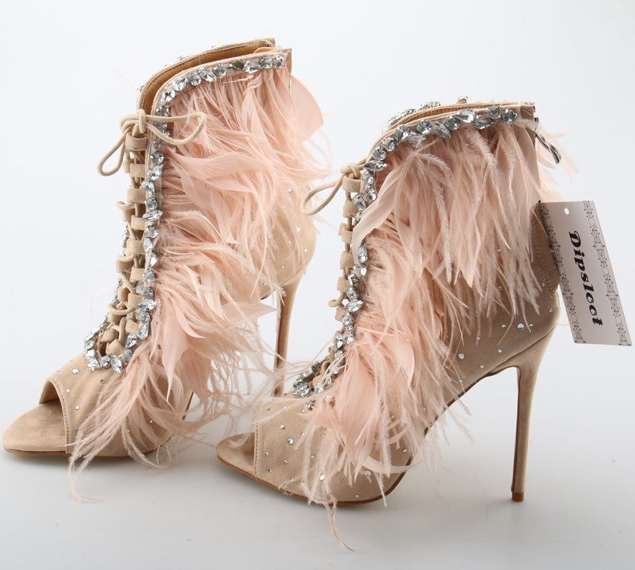 Women Lace Up Peep toe Stiletto Heels Crystal Sandals