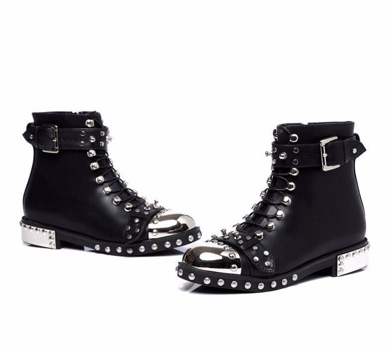 quality black flats genuine leather studded lace up ankle boots,motorcycle winter booties - LiveTrendsX