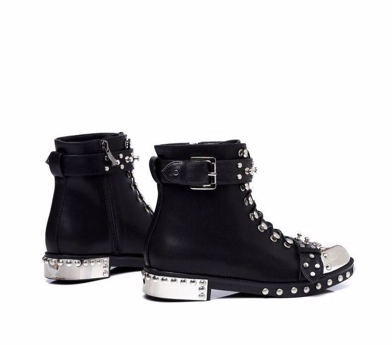 quality black flats genuine leather studded lace up ankle boots,motorcycle winter booties - LiveTrendsX