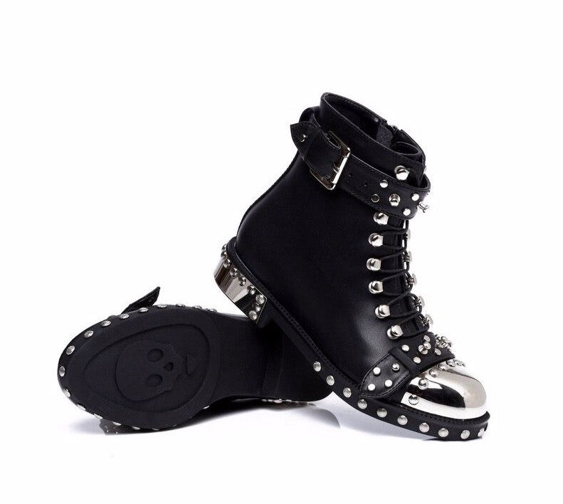 quality black flats genuine leather studded lace up ankle boots,motorcycle winter booties - LiveTrendsX