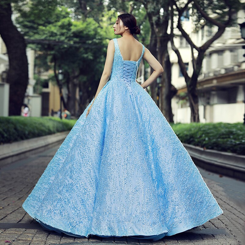 light blue sleeveless evening dress  with glitter o-neck floor length puffy pleat evening party dress - LiveTrendsX