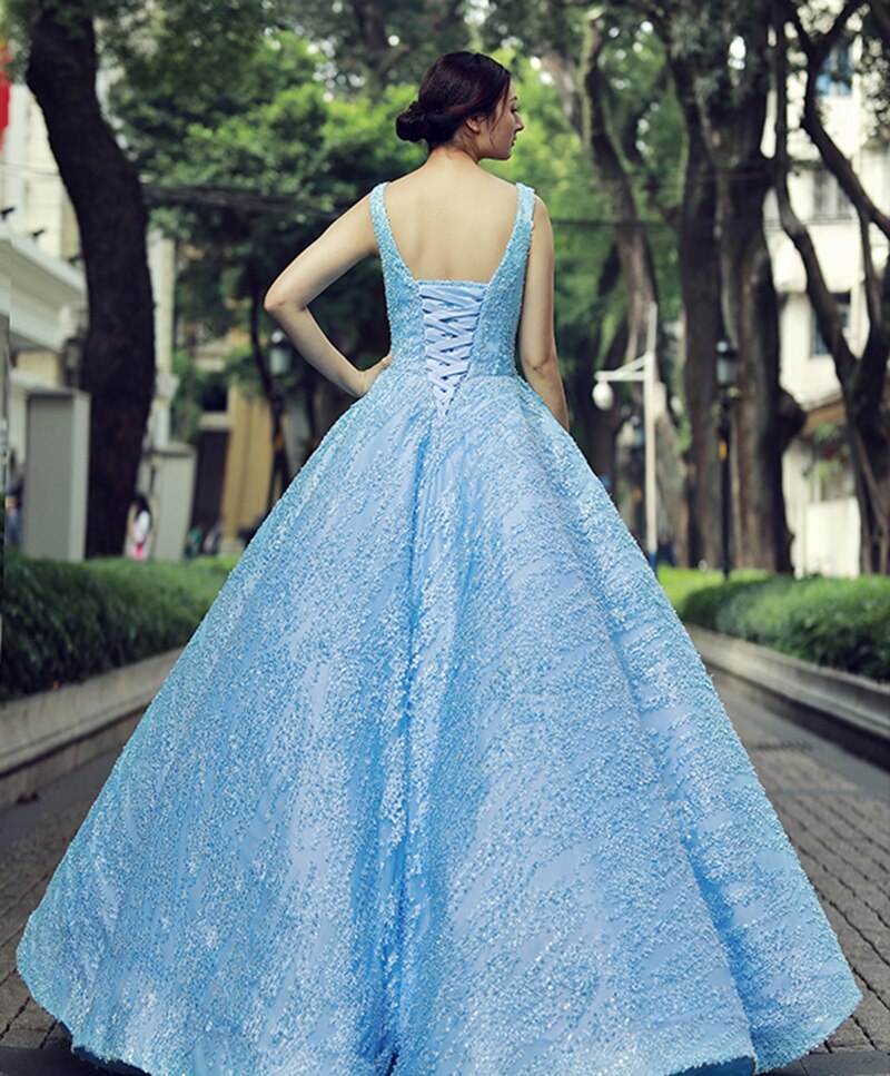 light blue sleeveless evening dress  with glitter o-neck floor length puffy pleat evening party dress - LiveTrendsX