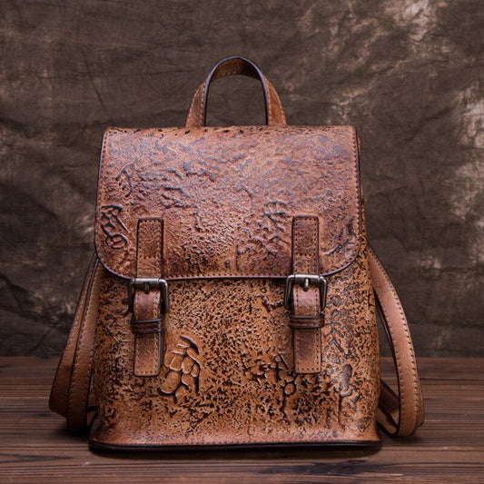 Female bag retro embossed color large capacity backpack rub color craft single shoulder layer cowhide ladies backpack - LiveTrendsX