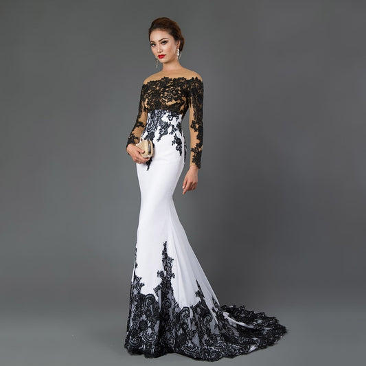 Long Sleeve Mermaid Evening Dresses Appliques black lace sweep train formal dress for Women - LiveTrendsX