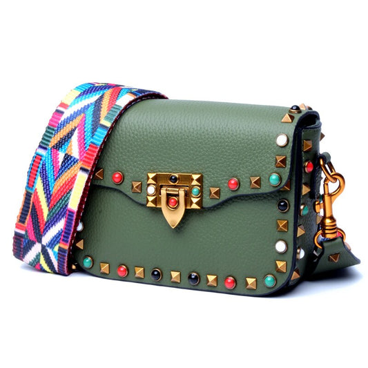 New ladies colored rivet leather square bag European and American trendy ladies leather diagonal bag shoulder bag - LiveTrendsX