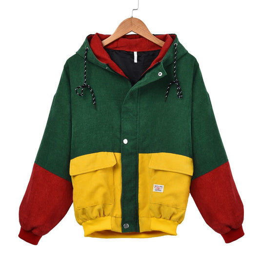 Harajuku Style Women Winter Warm Color Block Hooded Corduroy Jacket Long Sleeve Patchwork Oversize Zipper Jacket - LiveTrendsX