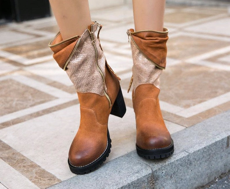 Brown Leather Lady Vintage Style Boots Rivets Zipper Decor Block Heel Bootie High Quality Chelsea Boots Female - LiveTrendsX