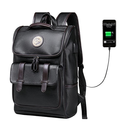 Men Backpack External USB Charge Waterproof  Backpack Fashion PU Leather Travel Bag Casual School Bag leather bookbag - LiveTrendsX