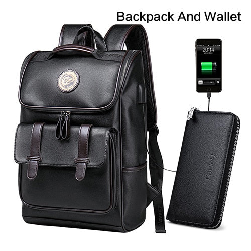 Men Backpack External USB Charge Waterproof  Backpack Fashion PU Leather Travel Bag Casual School Bag leather bookbag - LiveTrendsX