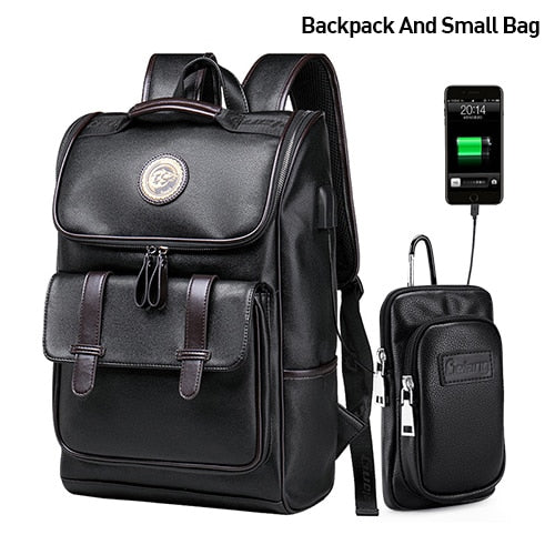 Men Backpack External USB Charge Waterproof  Backpack Fashion PU Leather Travel Bag Casual School Bag leather bookbag - LiveTrendsX