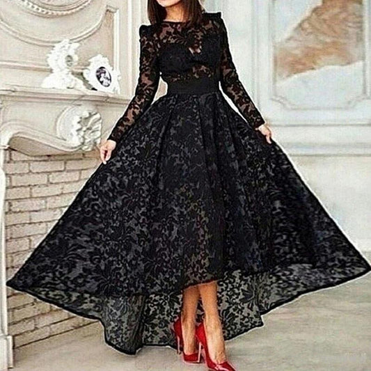 Black Muslim Evening Dresses  A-line Long Sleeves Tea Length Lace Islamic Dubai Saudi Arabic Long Elegant Evening Gown - LiveTrendsX