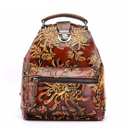 Women big capacity backpack creative floral three-dimensional embossed female shoulder bags vintage color cow leather bags - LiveTrendsX