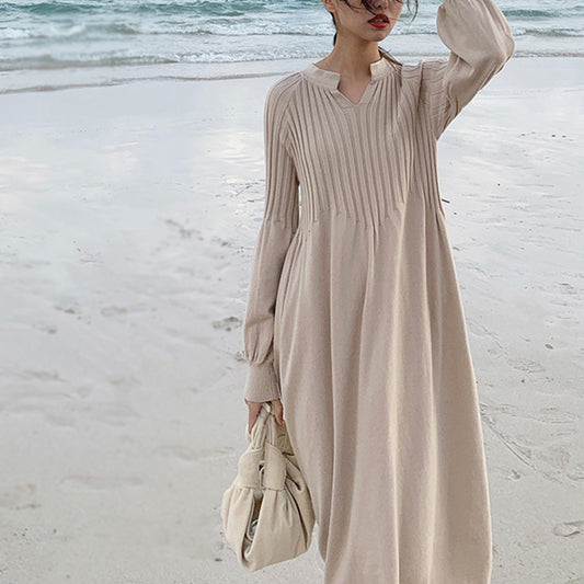 Retro french girl chic knitting v-neck long sleeve basic dress mori girl 2019 spring - LiveTrendsX